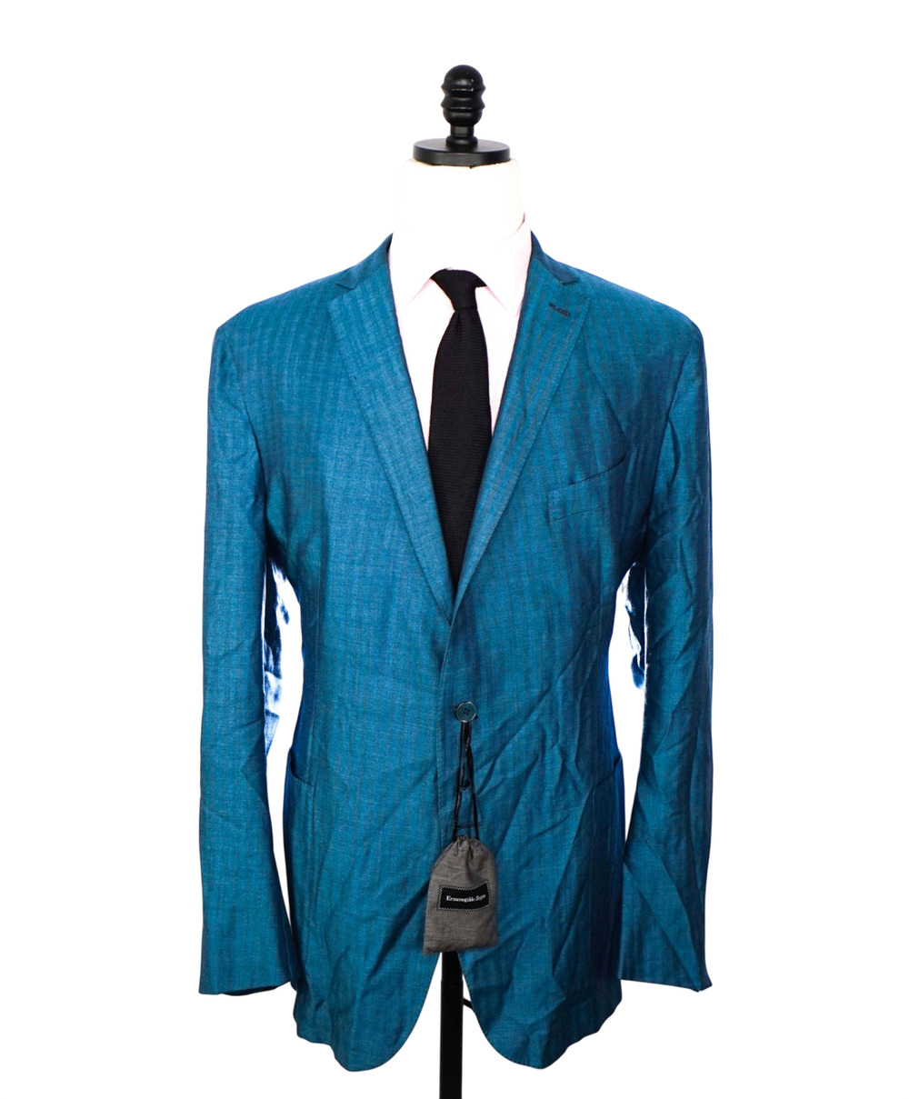 $3,490 ZEGNA - Blue Herringbone 65% Cashmere/Silk Blazer - 52R US